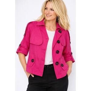 Chico’s Cropped Linen Trench Jacket Fuscia Pink Button Front Jacket 1 Medium